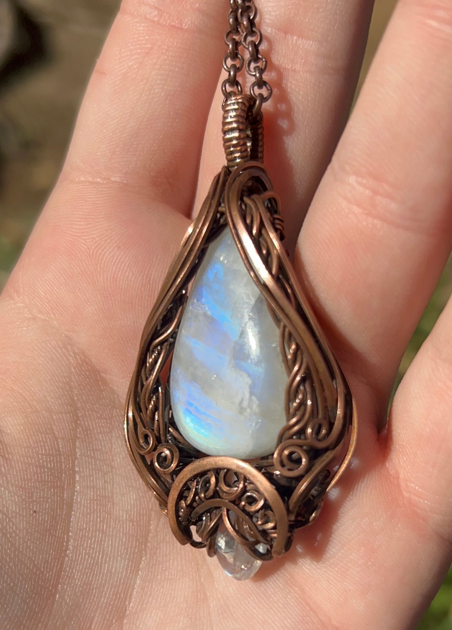 flashy blue moonstone copper pendant